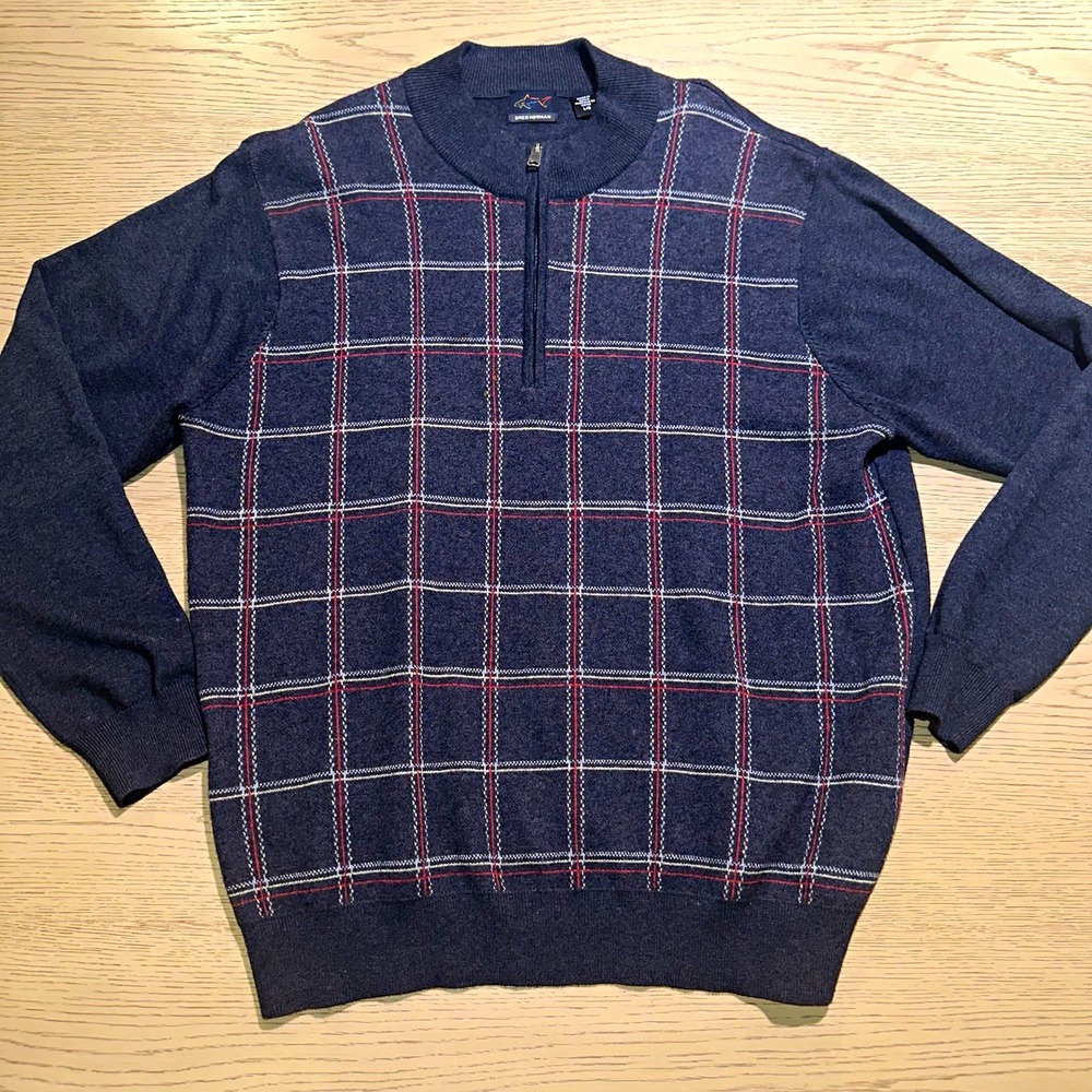 Greg Norman Men's Plaid 1/4 Zip Mock Neck Knit Sweater L Cotton Merino Gray